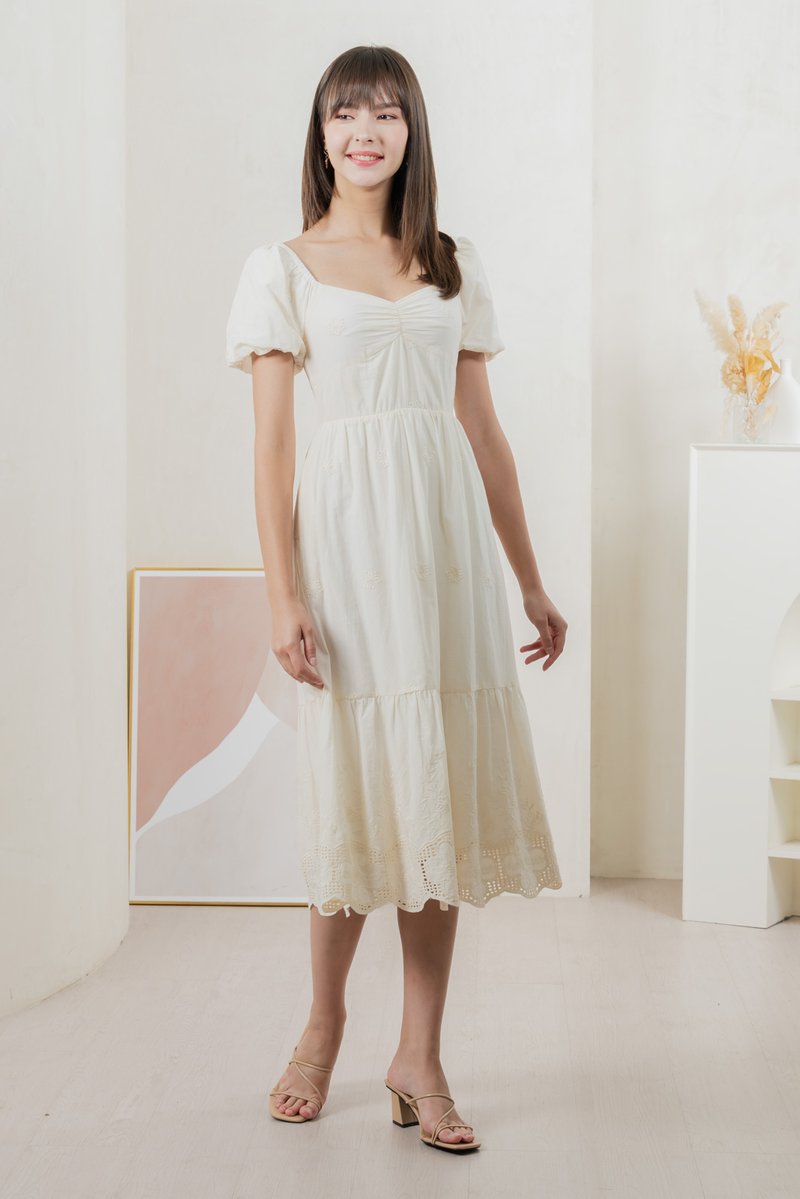 Enchant Embroidered Empire Midi Dress In Cream