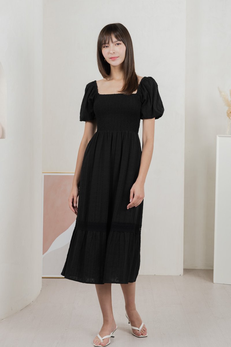 Journey Textured Smocked Midi Dress In Black