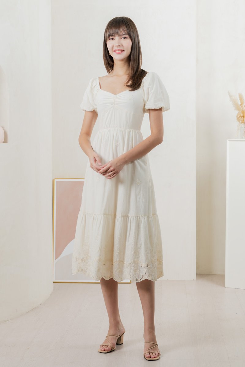 Enchant Embroidered Empire Midi Dress In Cream
