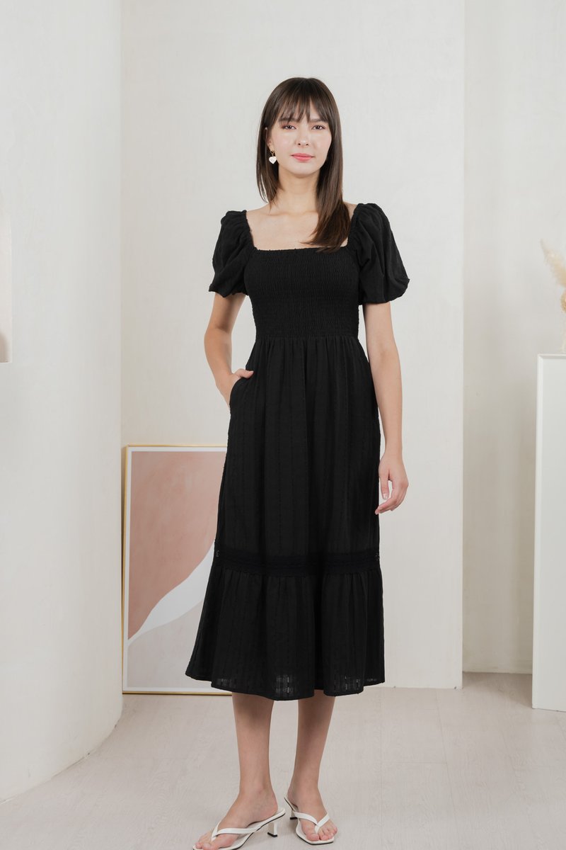 Journey Textured Smocked Midi Dress In Black