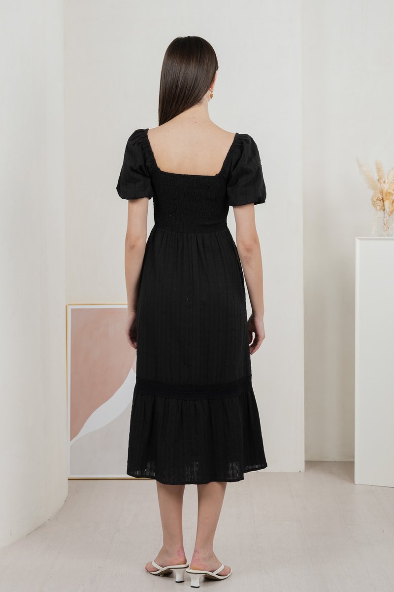 Journey Textured Smocked Midi Dress In Black