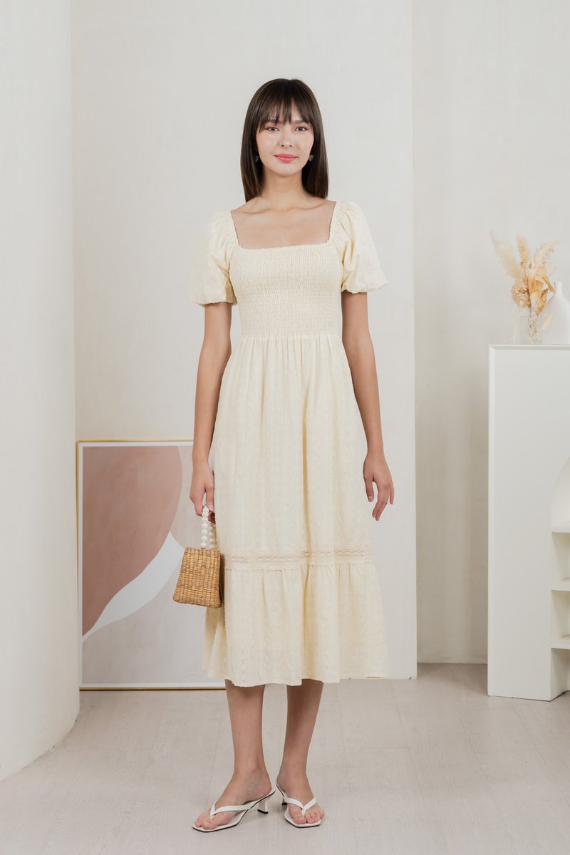 Journey Textured Smocked Midi Dress In Cream