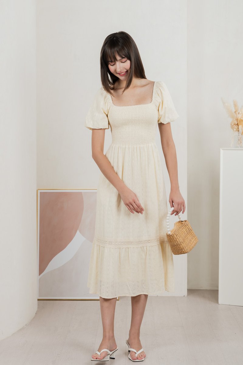 Journey Textured Smocked Midi Dress In Cream
