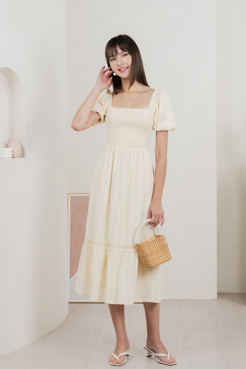 Journey Textured Smocked Midi Dress In Cream