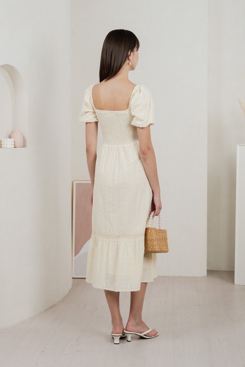 Journey Textured Smocked Midi Dress In Cream