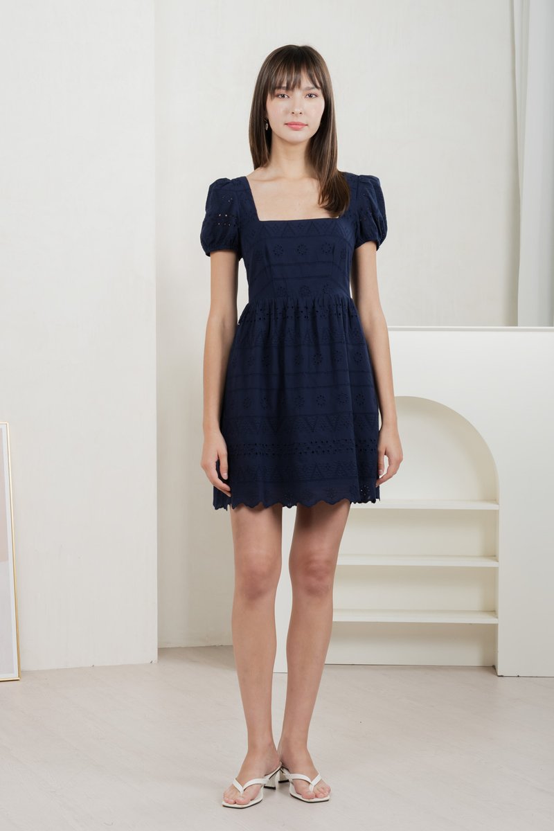 Sachi Eyelet Square Neck Dress In Navy