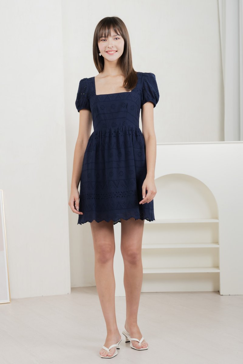 Sachi Eyelet Square Neck Dress In Navy