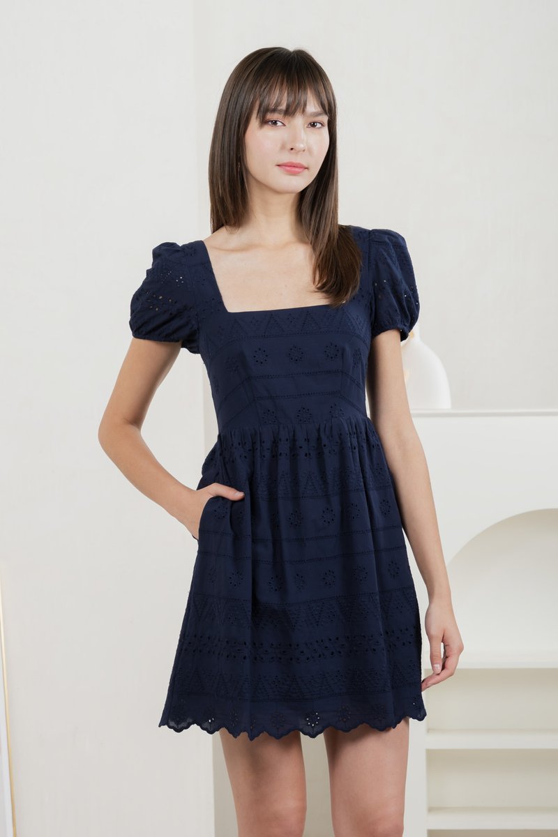 Sachi Eyelet Square Neck Dress In Navy