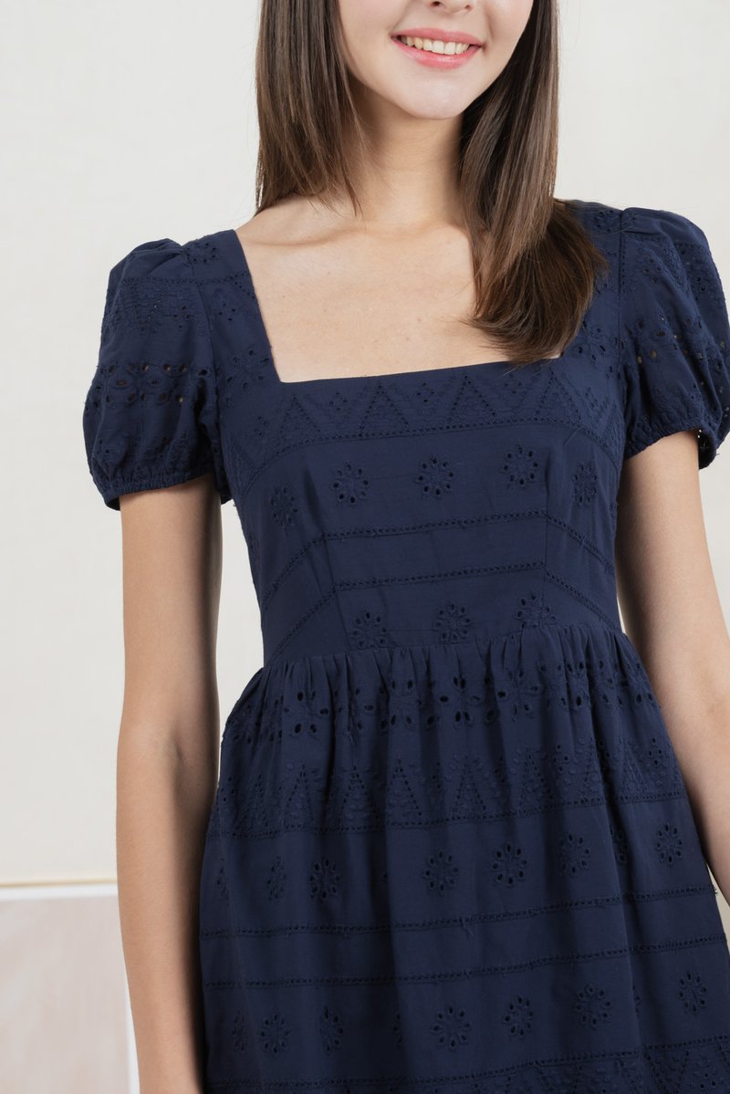 Sachi Eyelet Square Neck Dress In Navy