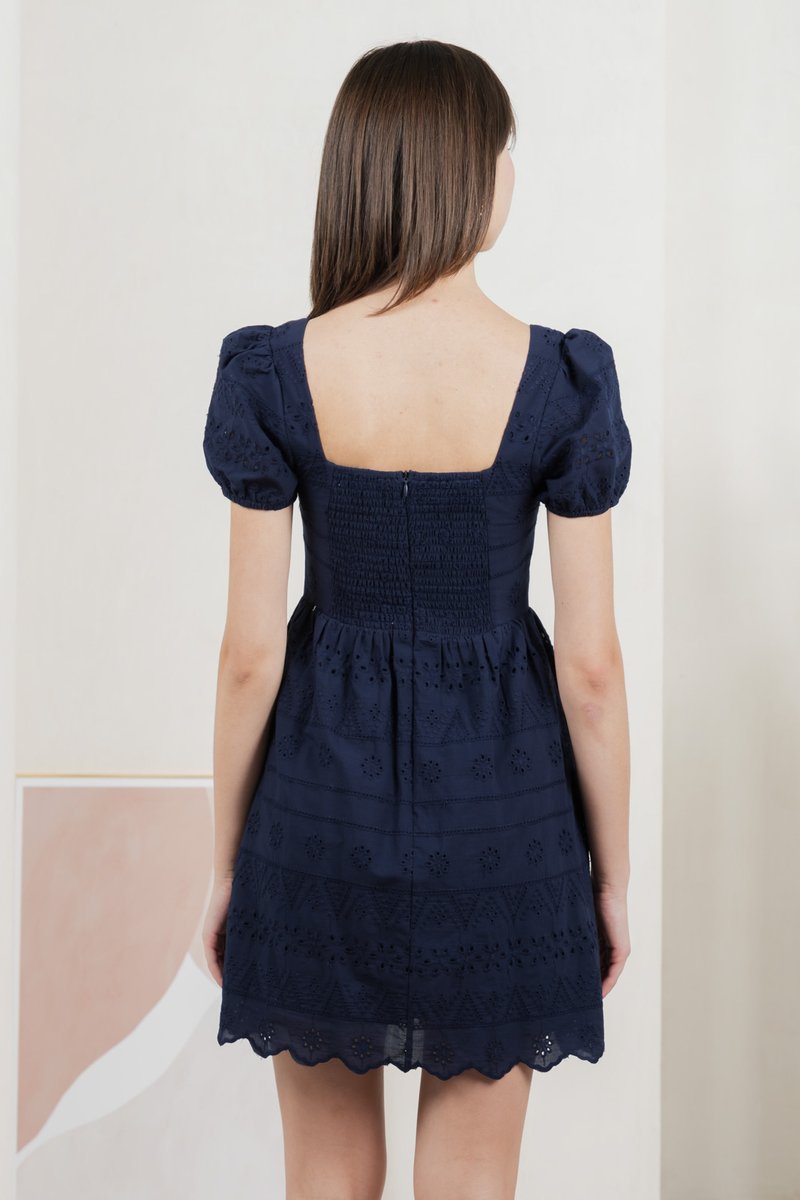 Sachi Eyelet Square Neck Dress In Navy