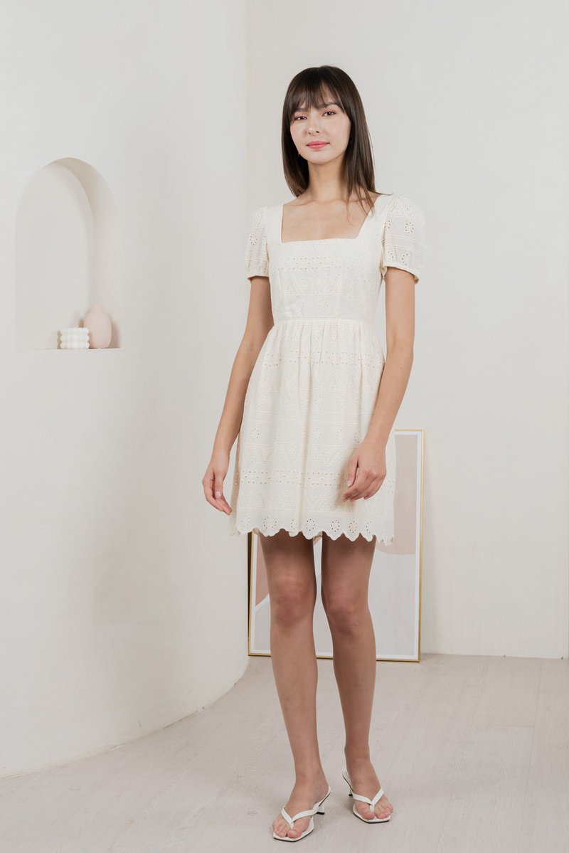 Sachi Eyelet Square Neck Dress In Cream