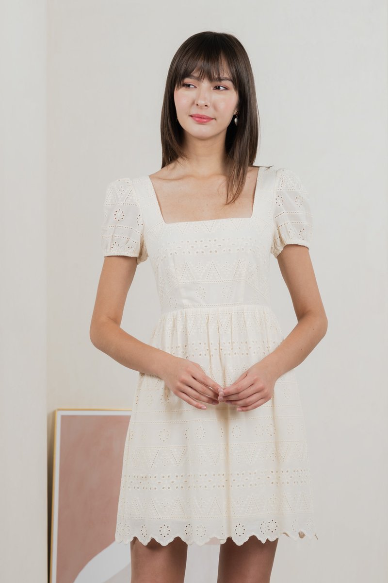 Sachi Eyelet Square Neck Dress In Cream