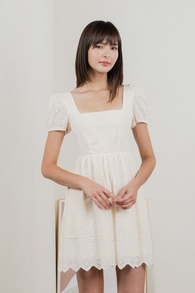 Sachi Eyelet Square Neck Dress In Cream