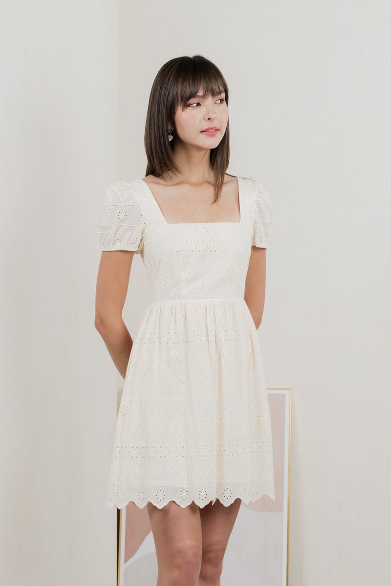 Sachi Eyelet Square Neck Dress In Cream