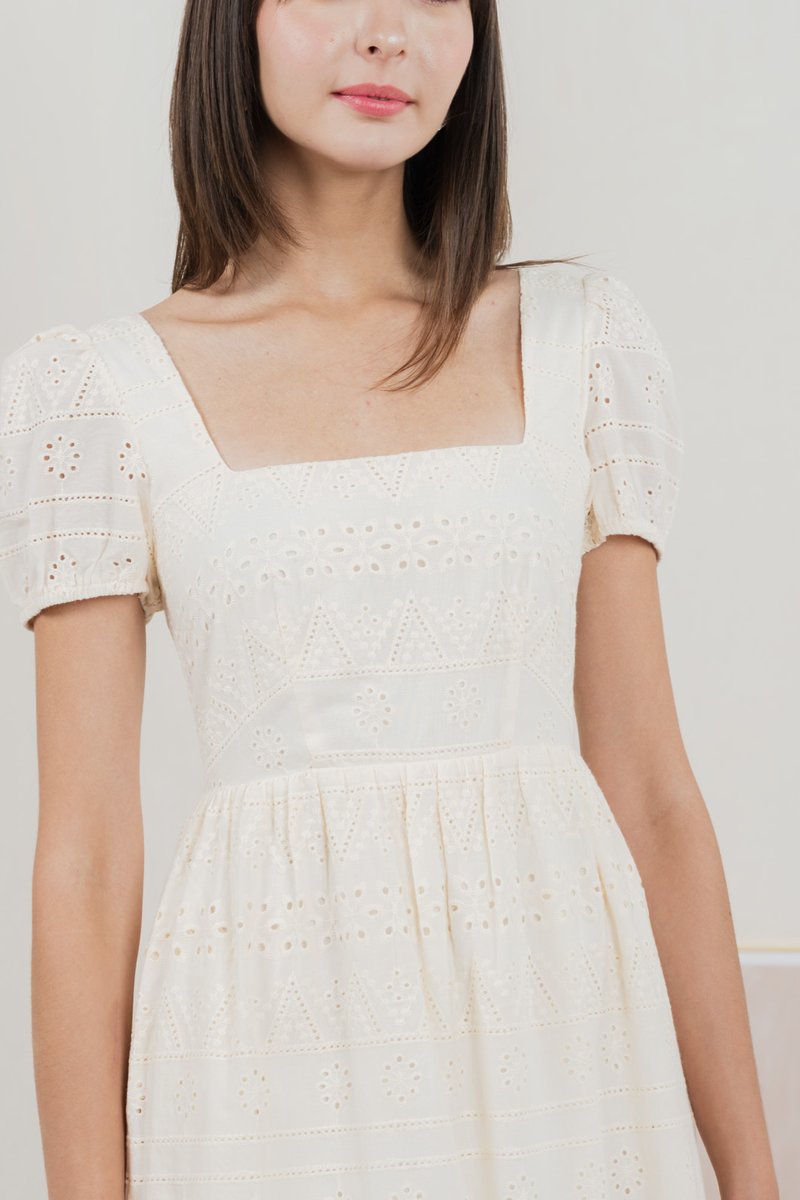 Sachi Eyelet Square Neck Dress In Cream