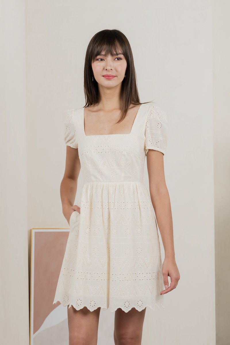 Sachi Eyelet Square Neck Dress In Cream