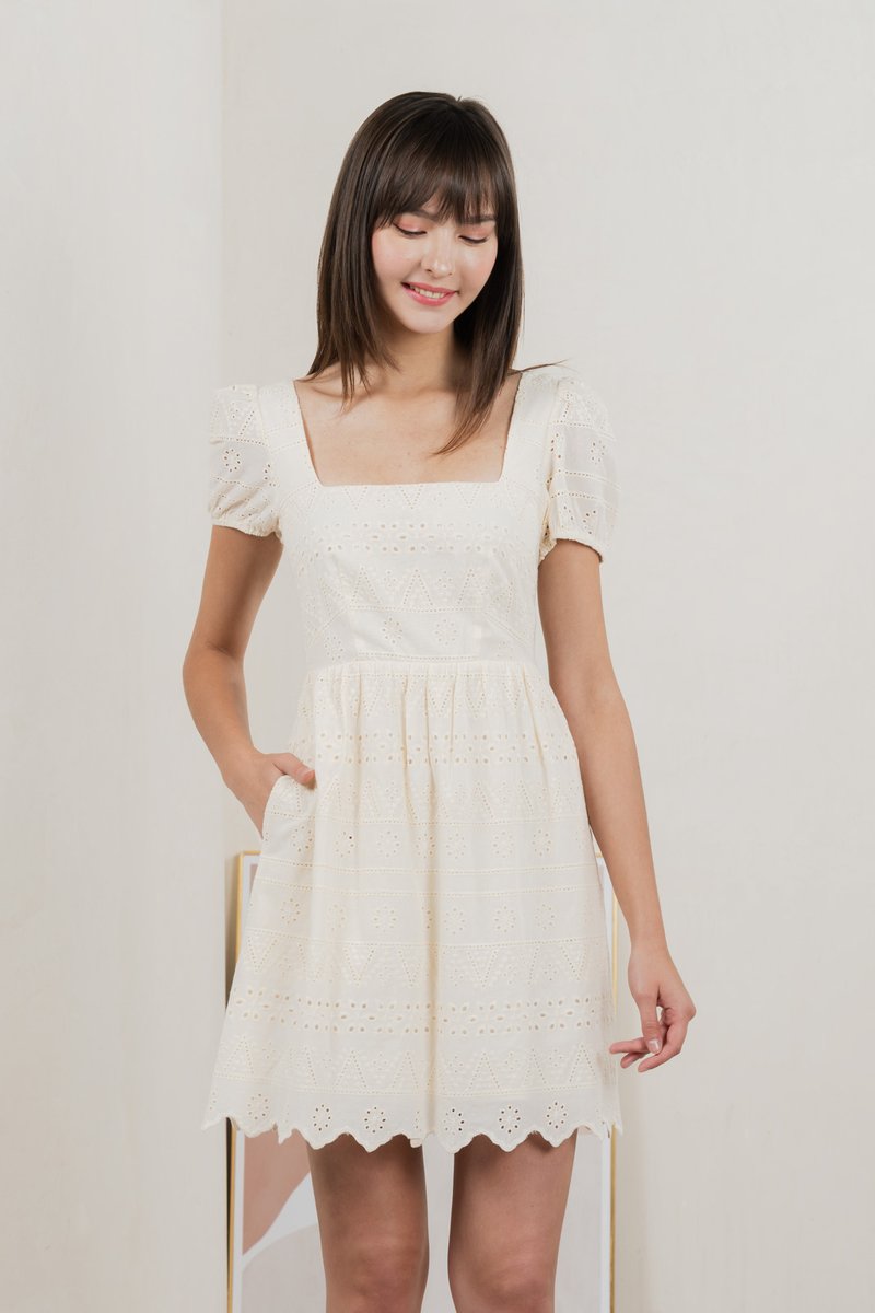 Sachi Eyelet Square Neck Dress In Cream