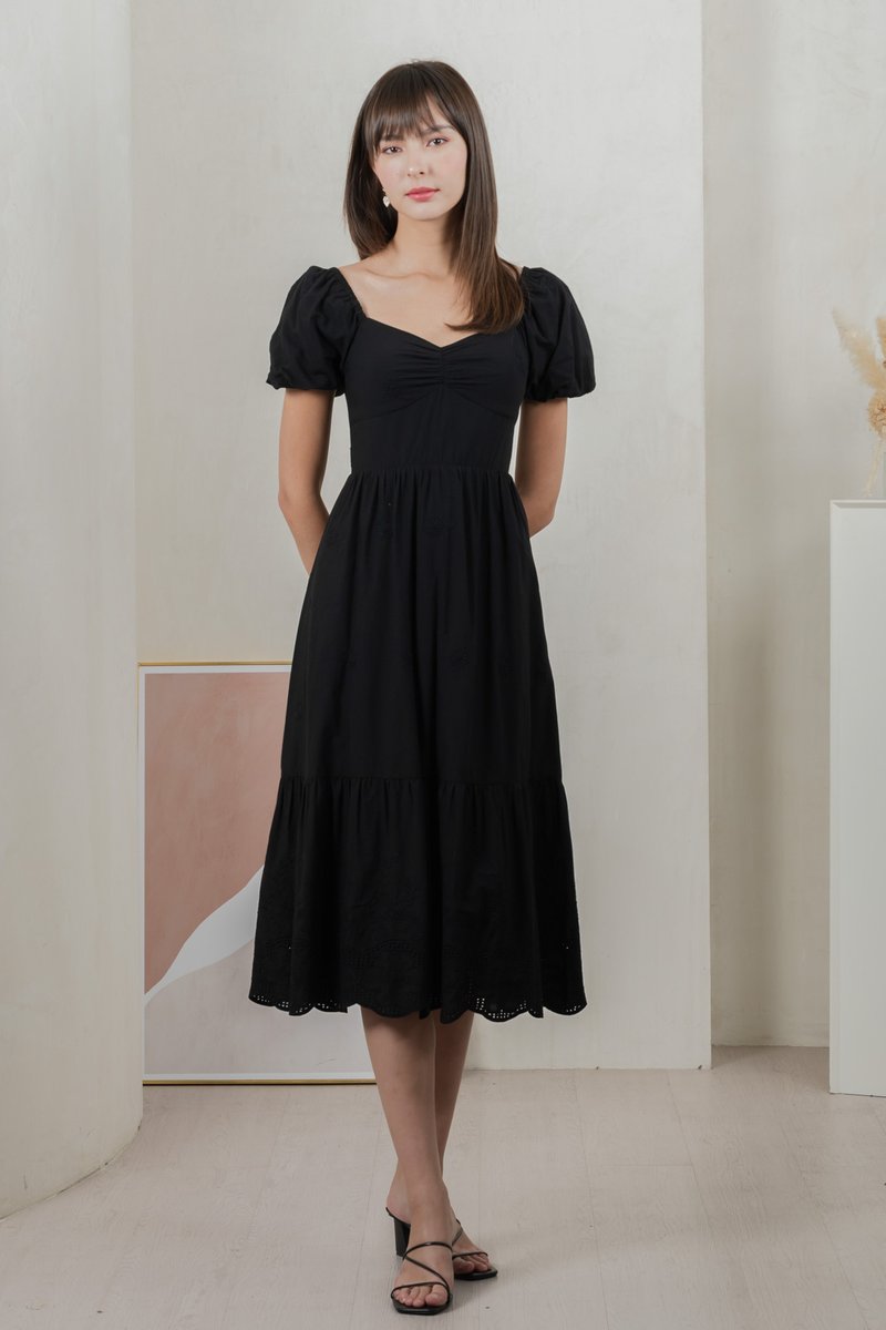 Enchant Embroidered Empire Midi Dress In Black