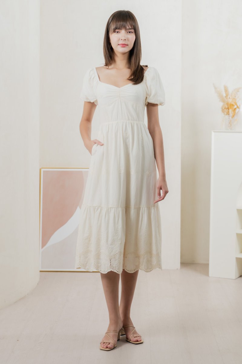 Enchant Embroidered Empire Midi Dress In Cream