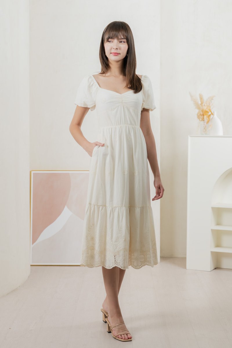 Enchant Embroidered Empire Midi Dress In Cream