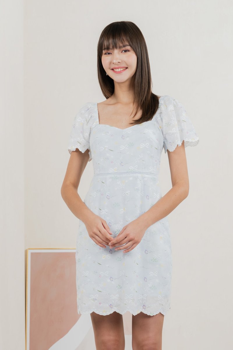 Fantasy Floral Ribbon Embroidery Dress In Baby Blue