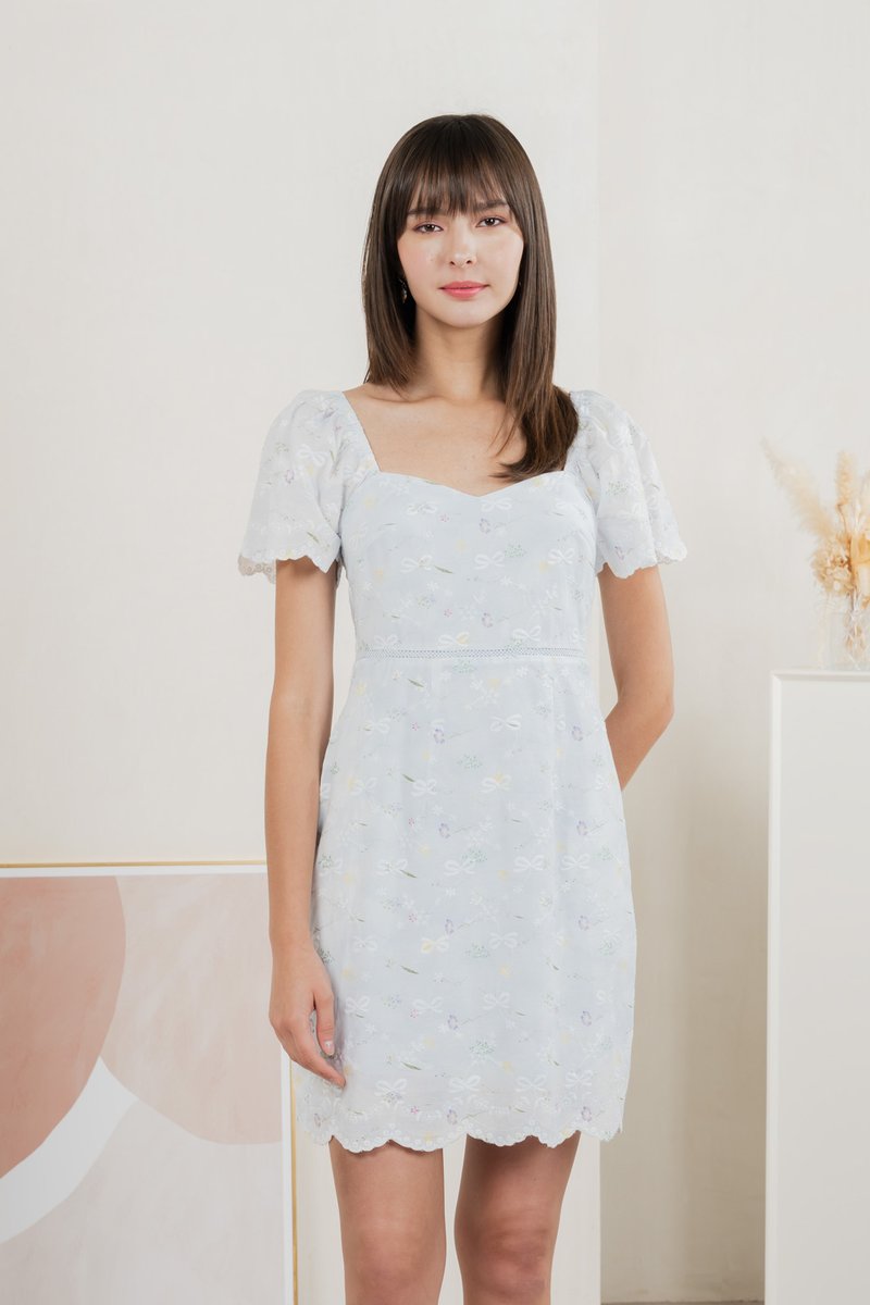 Fantasy Floral Ribbon Embroidery Dress In Baby Blue