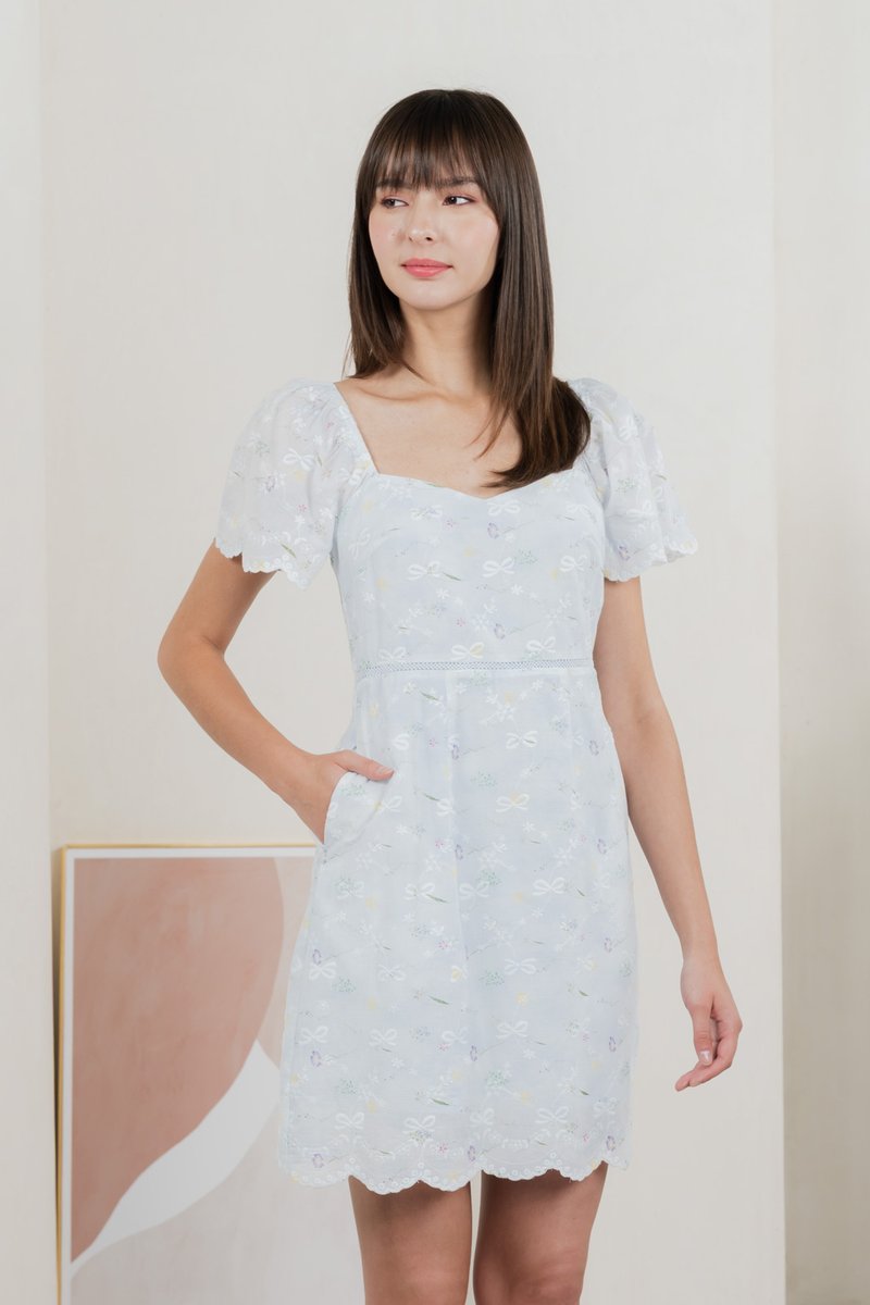 Fantasy Floral Ribbon Embroidery Dress In Baby Blue