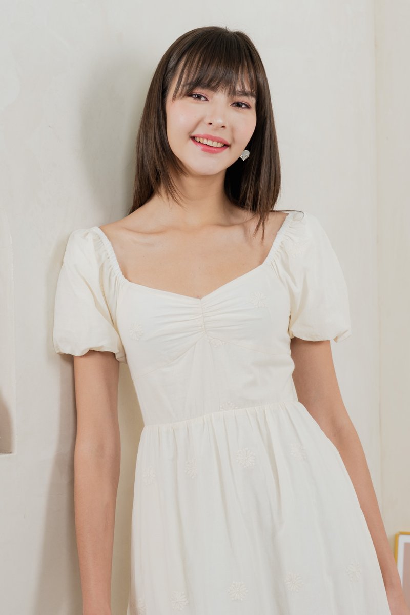 Enchant Embroidered Empire Midi Dress In Cream