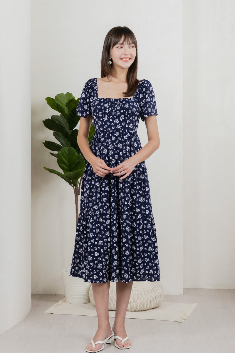 Marigold Floral Ruched Midi Dress In Navy