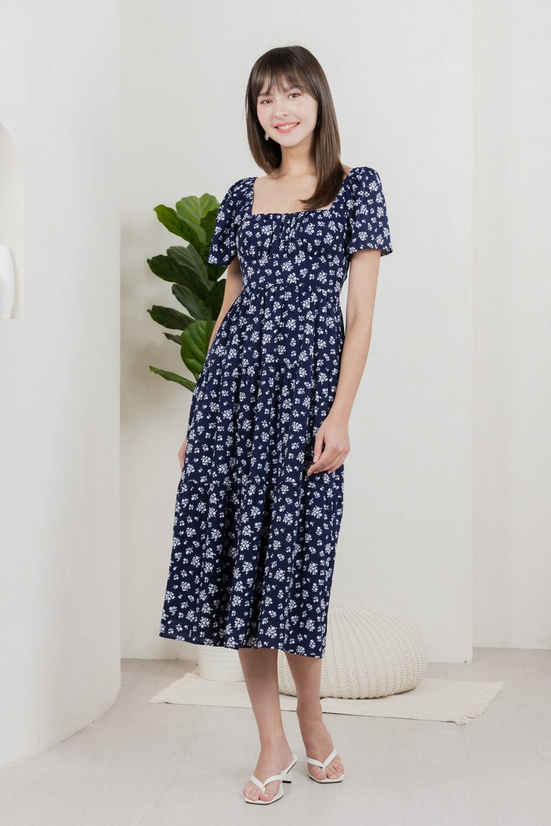 Marigold Floral Ruched Midi Dress In Navy