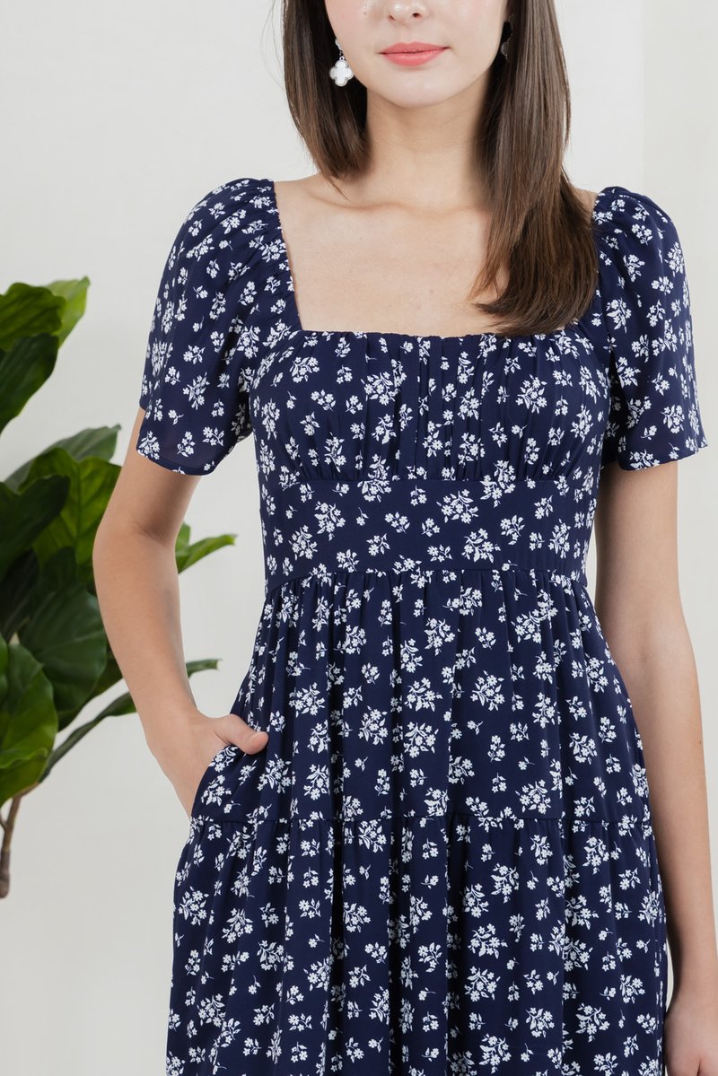 Marigold Floral Ruched Midi Dress In Navy