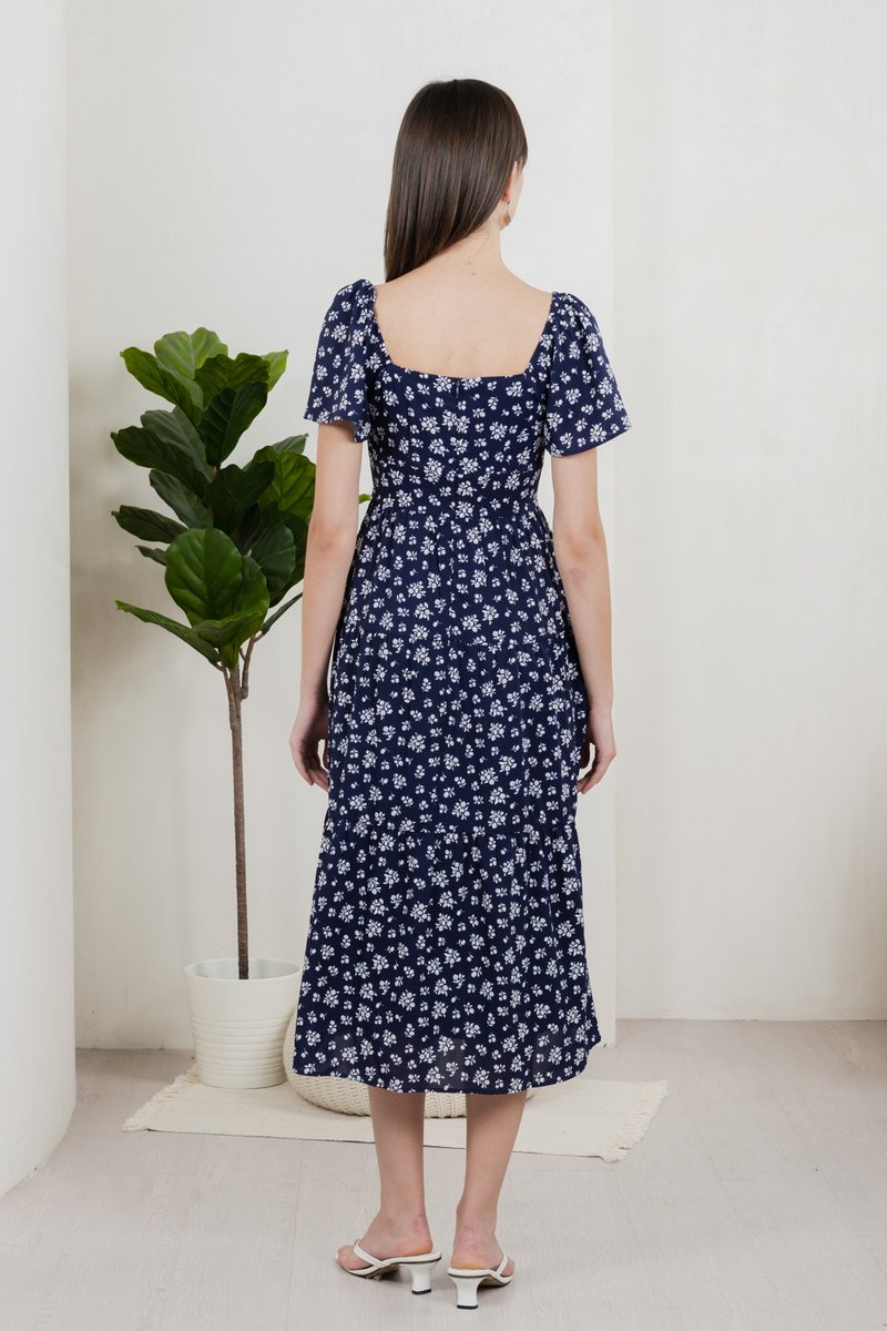 Marigold Floral Ruched Midi Dress In Navy