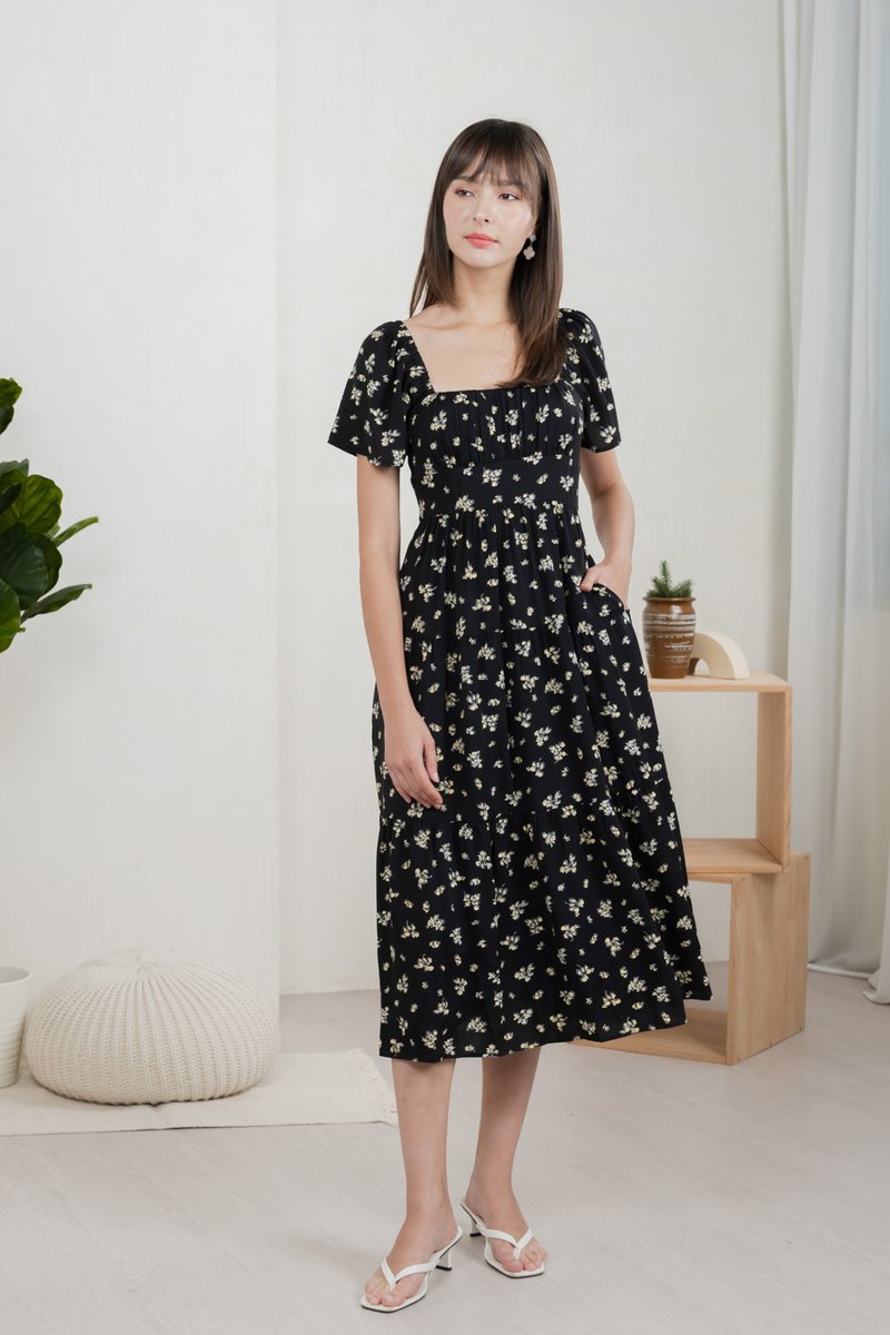 Monti Printed Ruched Maxi Dress In Black