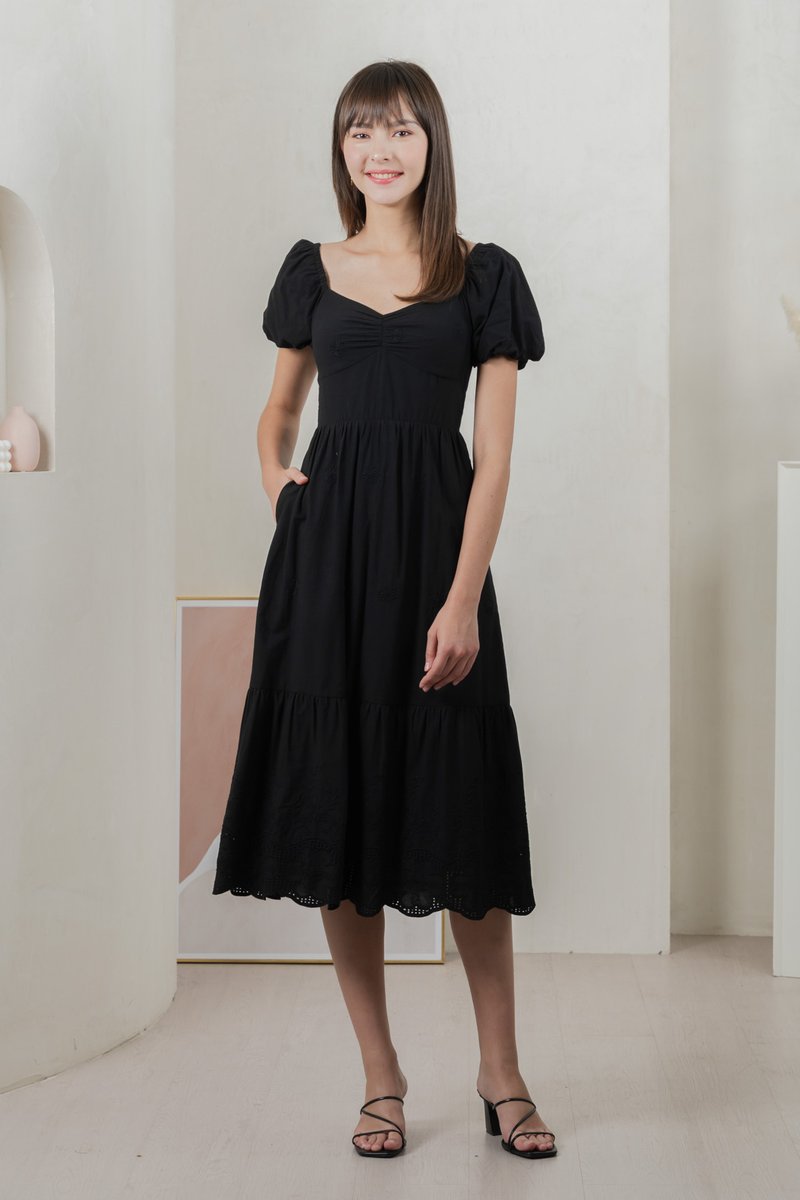 Enchant Embroidered Empire Midi Dress In Black