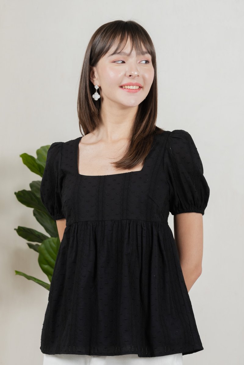 Eudora Swiss Dots Cotton Babydoll Top In Black