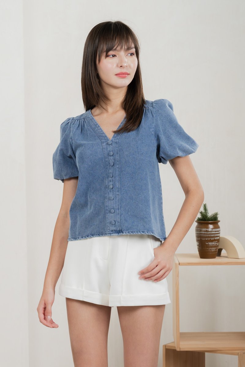 Delphine Denim Button V Neck Top (S)