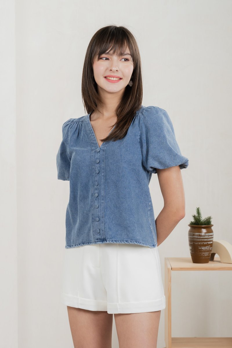 Delphine Denim Button V Neck Top (S)