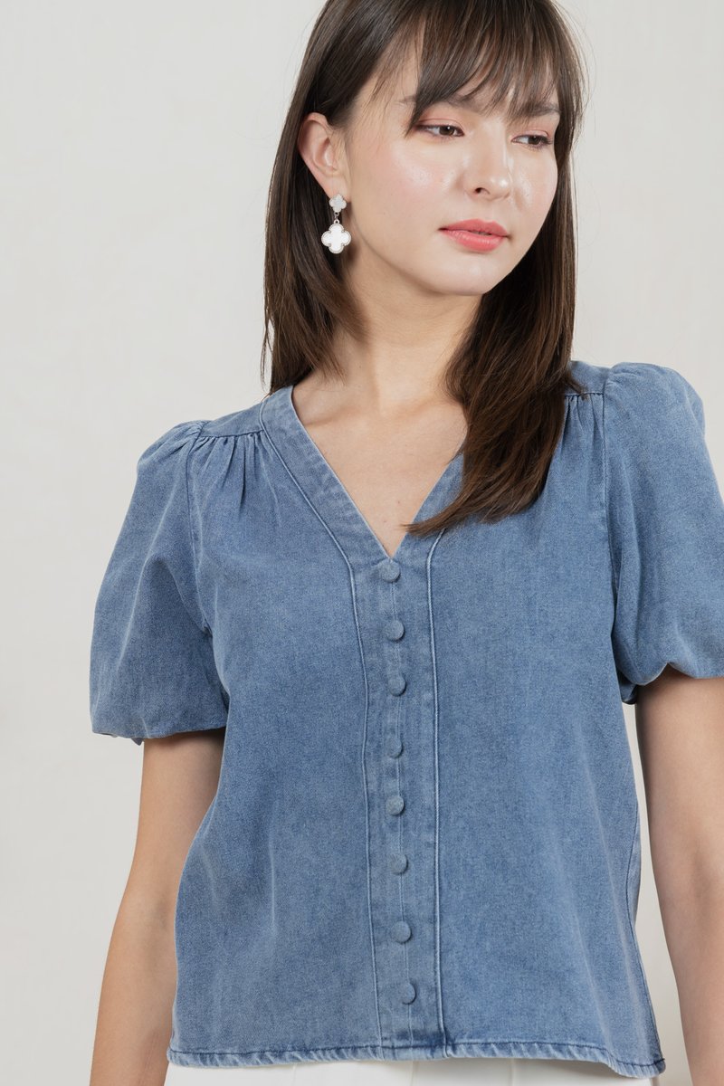 Delphine Denim Button V Neck Top (S)