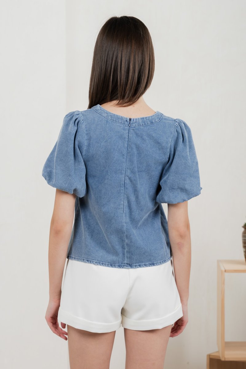 Delphine Denim Button V Neck Top (S)