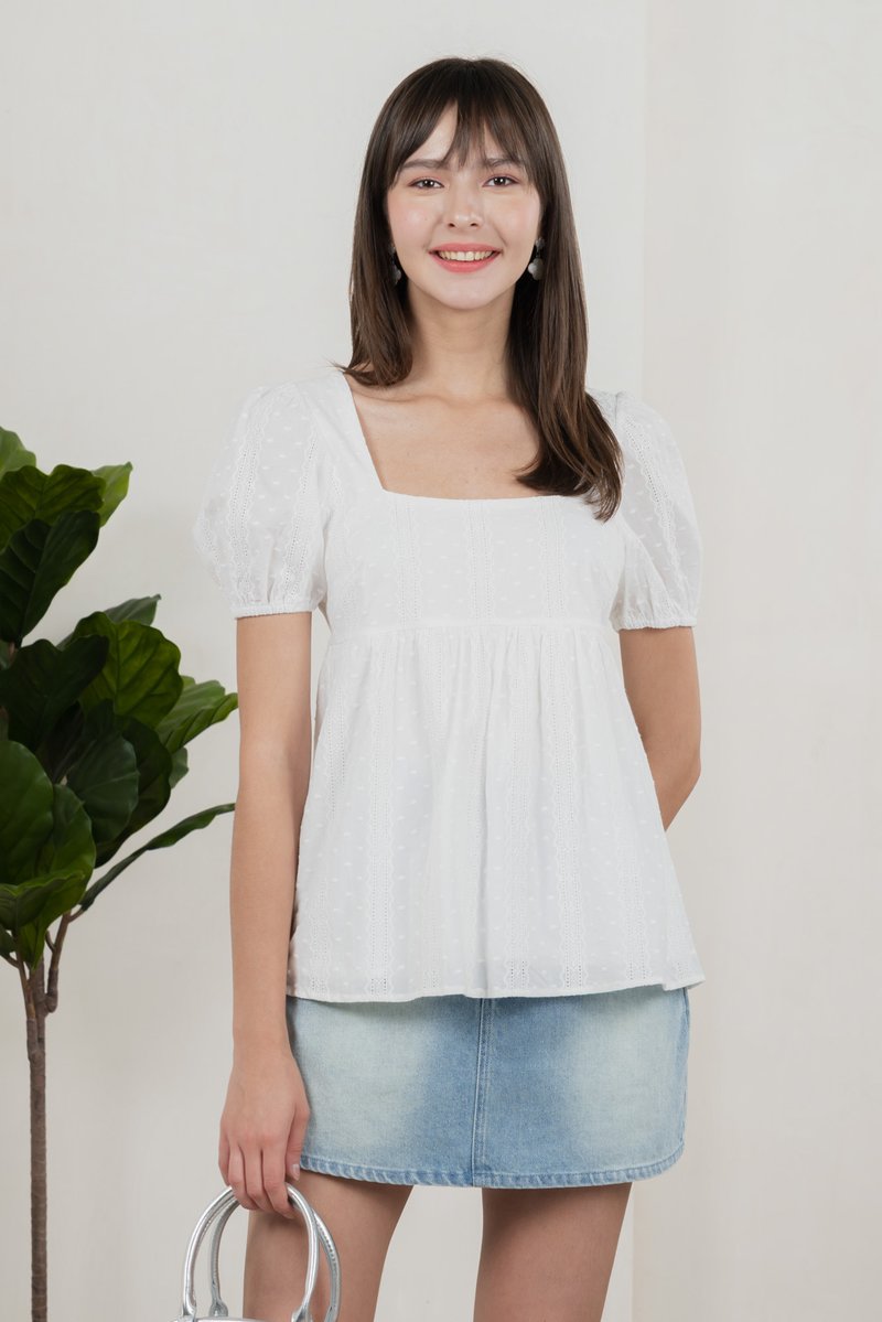 Eudora Swiss Dots Cotton Babydoll Top In White