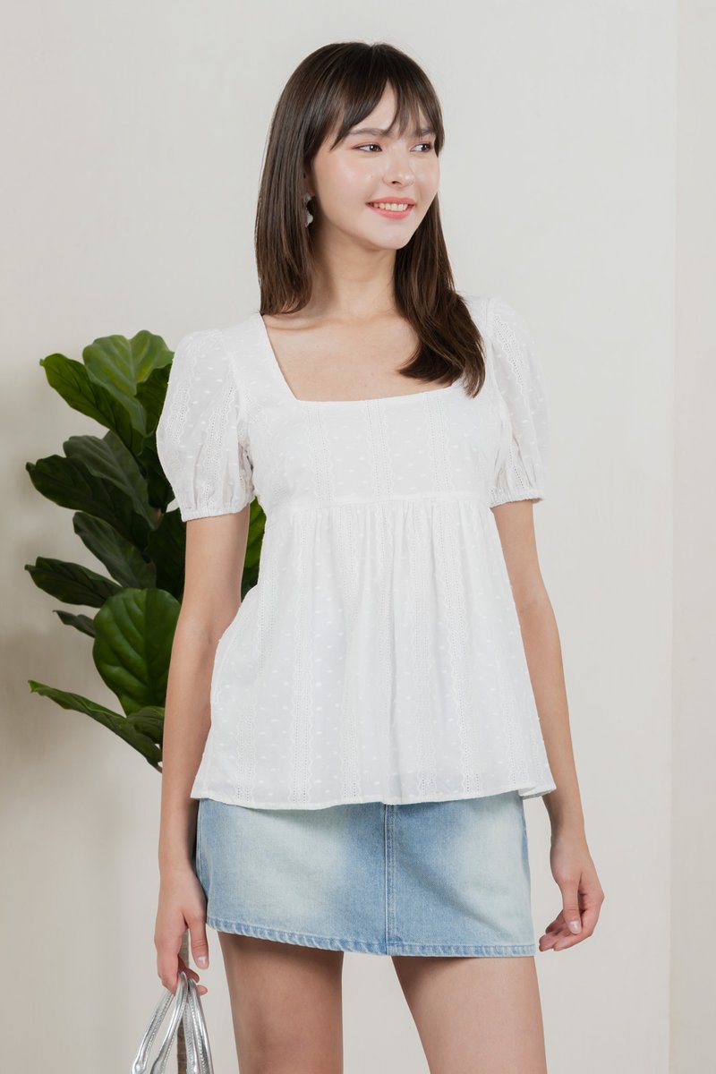Eudora Swiss Dots Cotton Babydoll Top In White