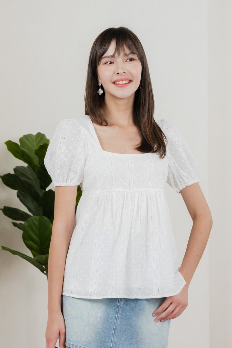 Eudora Swiss Dots Cotton Babydoll Top In White