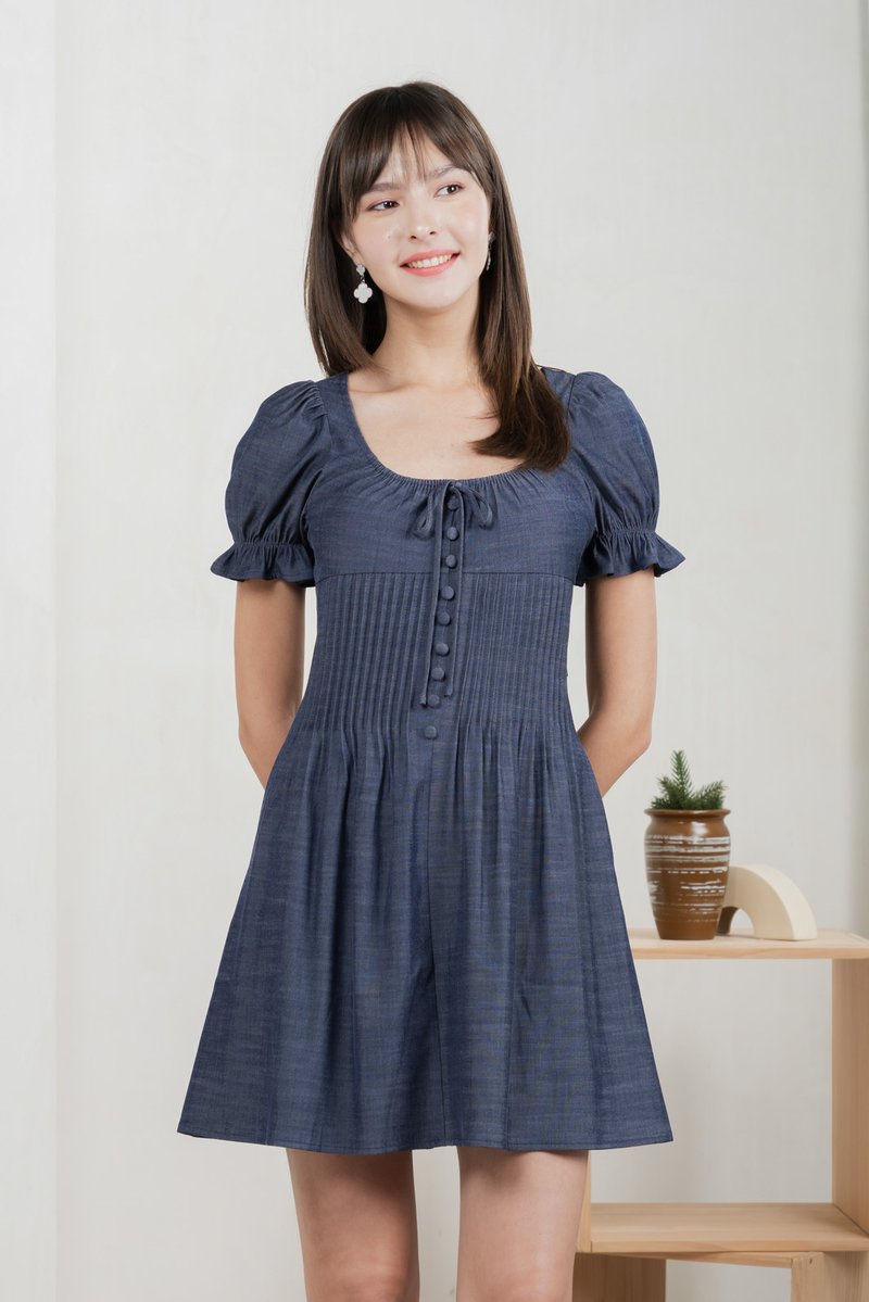 Bonita Ribbon Button Pleated Dress In Midnight Blue