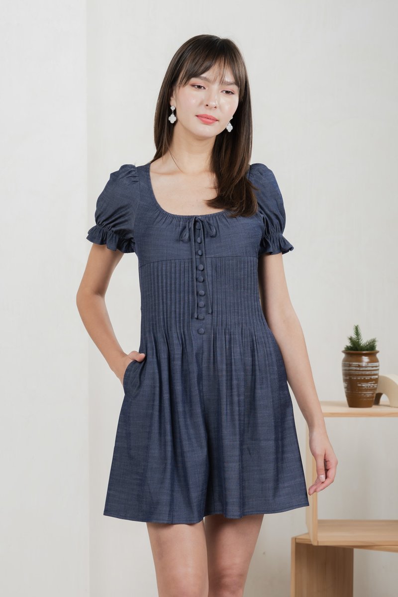 Bonita Ribbon Button Pleated Dress In Midnight Blue