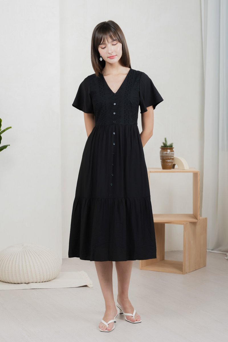 Murphy Eyelet Button Midi Dress In Black