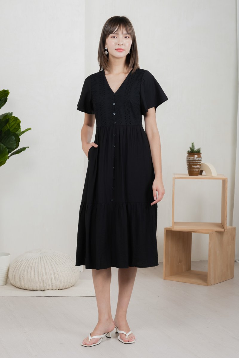 Murphy Eyelet Button Midi Dress In Black