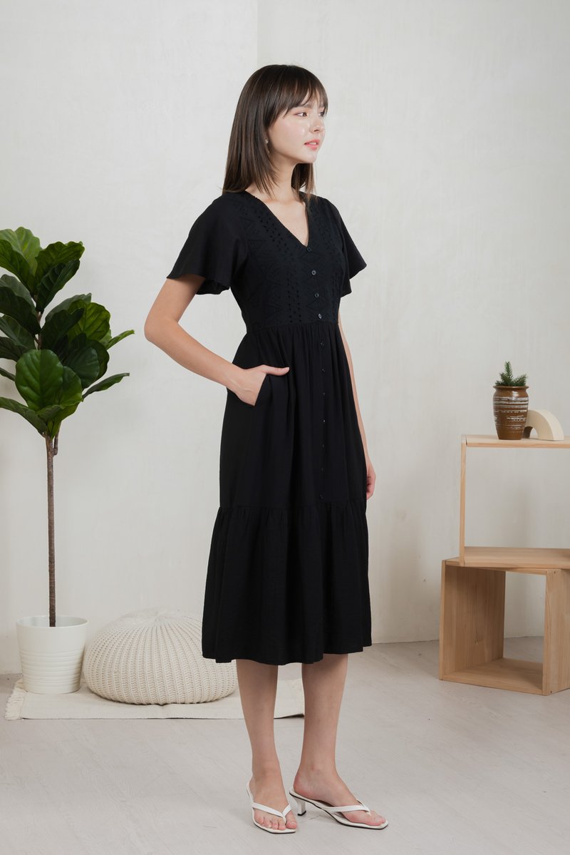 Murphy Eyelet Button Midi Dress In Black