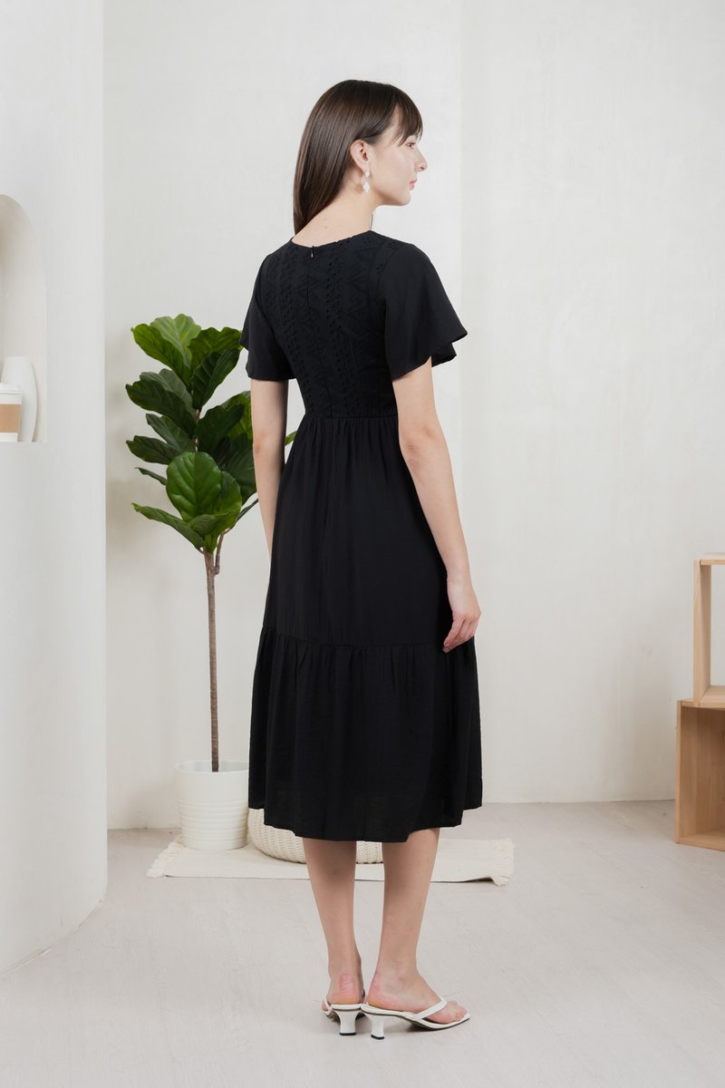 Murphy Eyelet Button Midi Dress In Black