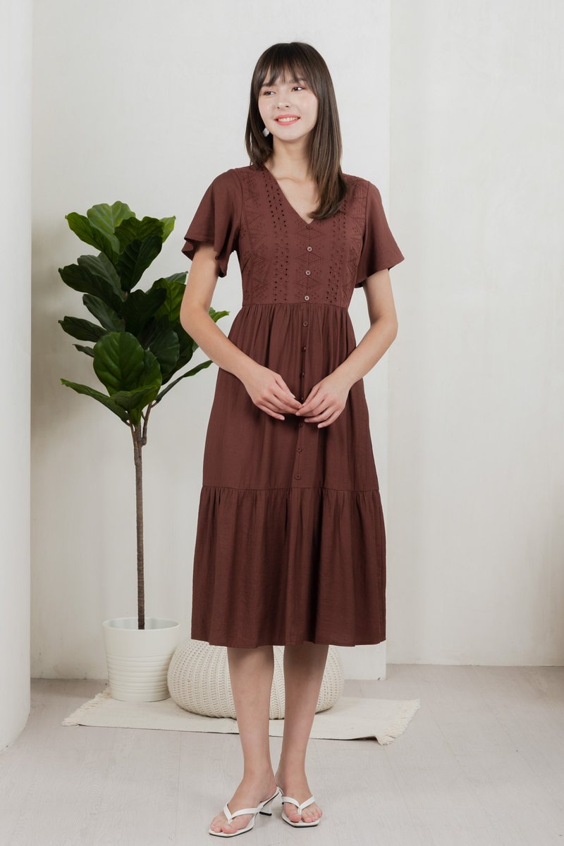 Murphy Eyelet Button Midi Dress In Brown