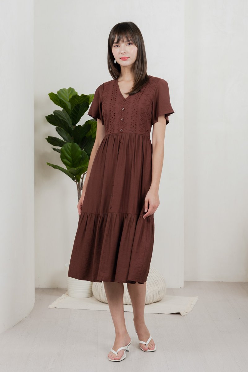 Murphy Eyelet Button Midi Dress In Brown